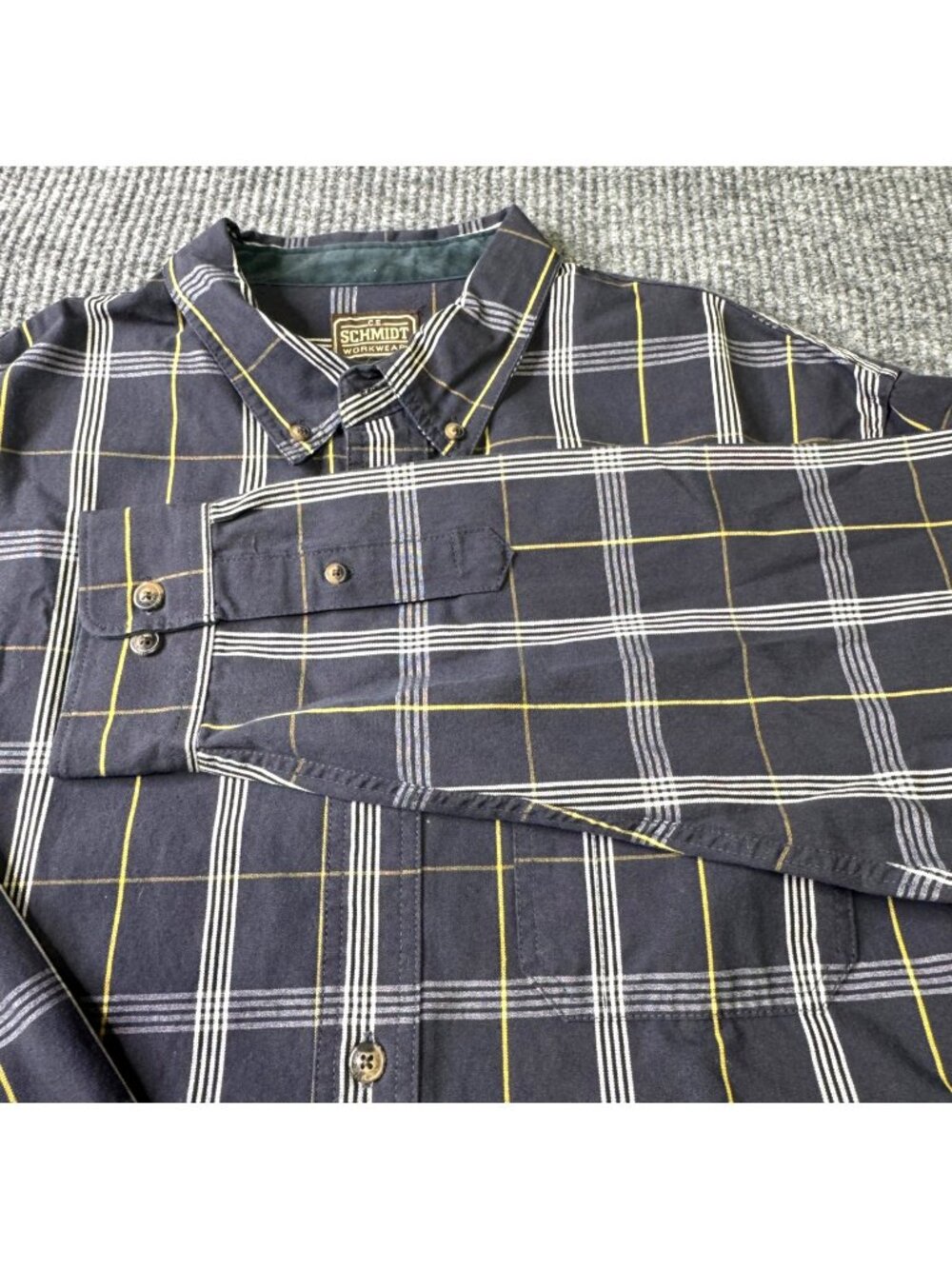 C.E. Schmidt Workwear Mens XL Plaid Button-Down Work Shirt Navy Yellow White